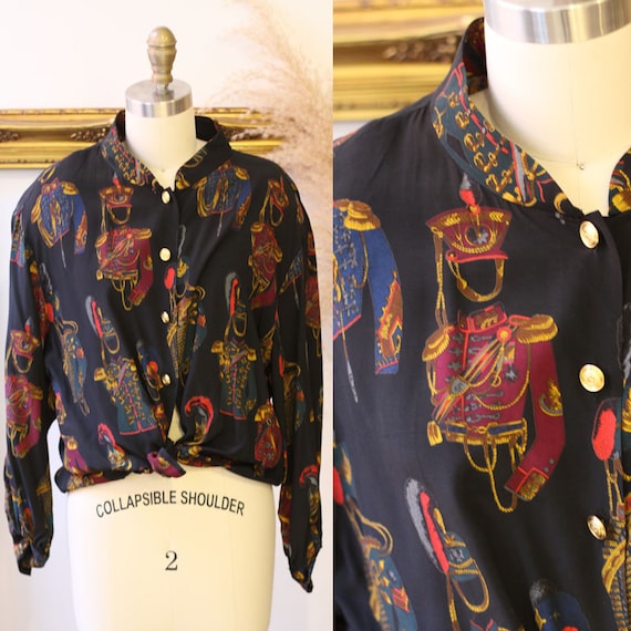 1980s novelty print blouse // 1980s solider print