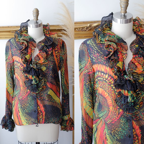 1960s black psychedelic blouse // 1960s ruffle bl