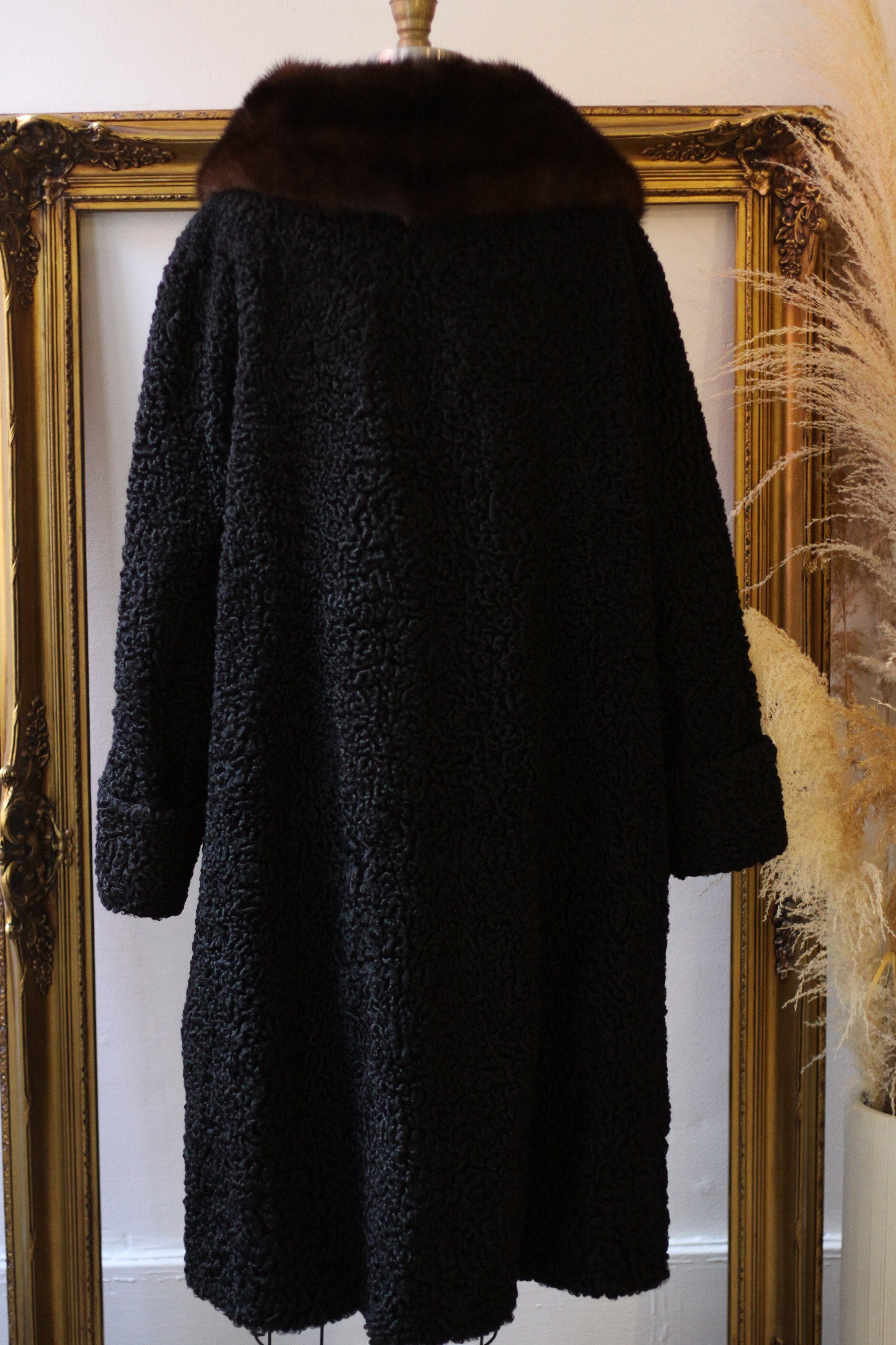 1950s black lambswool jacket / 1950s fur Coat / Vintage swing coat