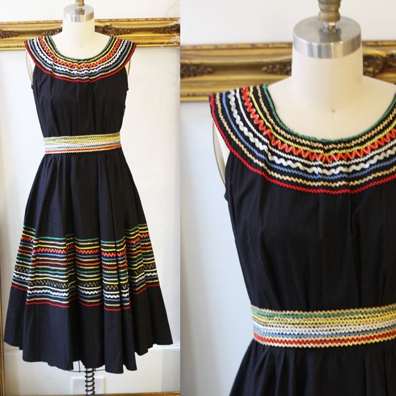 1950s rainbow dress // 1950s black swing dress //