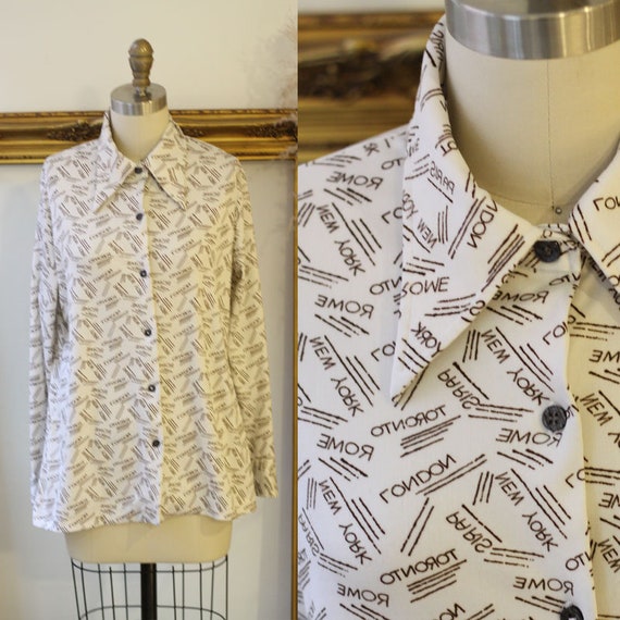 1970s novelty print blouse // 1970s city name blou