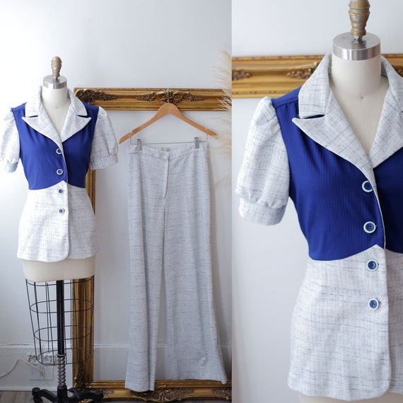 1970s blue two piece set // 1970s pant suit // 197