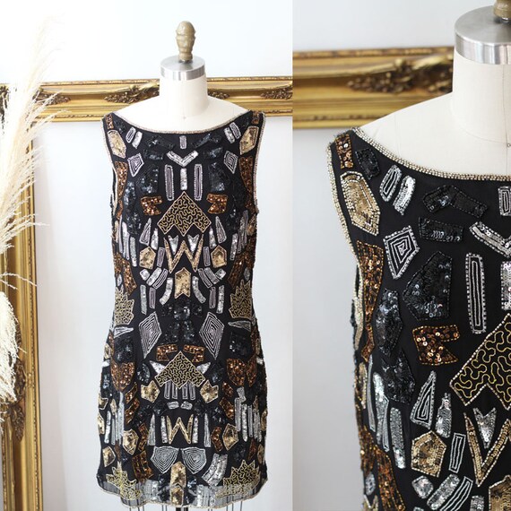 1980s geometric sequin dress // 1980s copper sequi