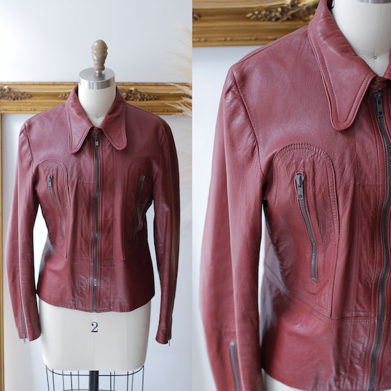 1970s burgundy leather coat //1970s red leather ja