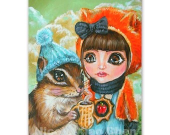 ACEO ATC Artists Trading Card, "Chipmunk Sisters' Coffee Date", Fantasy Art  (2.5x3.5") Mini Print of Original Art, Fall Autumn Animal