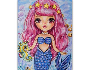 ACEO ATC Artists Trading Card, Fantasy Art (2.5x3.5") Print "Mermaid Jule", Fantasy Bigeye Lowbrow Pop-surrealism