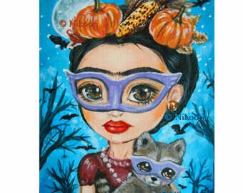 Fantasy art prints, Whimsical Art - Frida's Halloween, Print of Original Painting (5x7 inch), Fantasy, Lowbrow, Surrealism