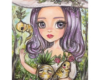 ACEO ATC Artists Trading Card, Fantasy Art (2.5x3.5") Print "Herb Witch", Fantasy Bigeye Lowbrow Pop-surrealism