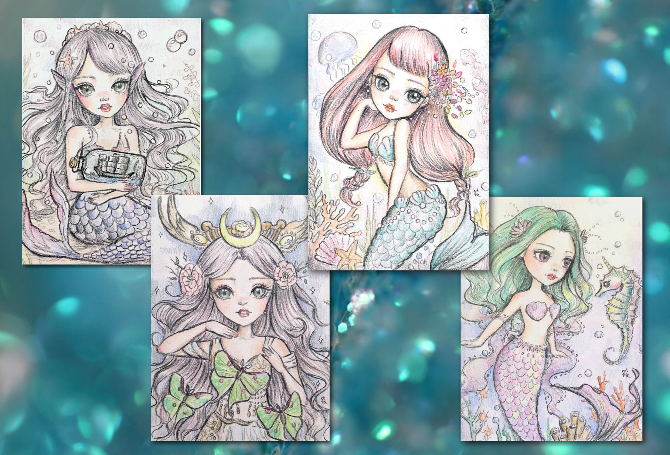 Set of 4 ACEO ATC Artists Trading Card, Fantasy Art 2.5x3.5 Print,  Mermaids, Goddess, Siren, Fantasy Bigeye Lowbrow Pop-surrealism 