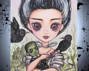 ACEO ATC Artists Trading Card, Fantasy (2.5x3.5") "Bride of Frankenstein" Art Print , Fantasy Bigeye Lowbrow Pop-surrealism