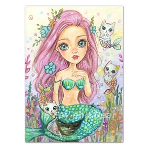 5x7" Fine Art Print, Colourful, Nursery, Original art, "Merkitties I", Glossy Premium heavy weight, acid-free Under the Sea Fantasy Fairy