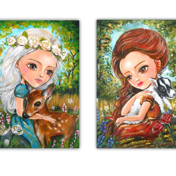 Set of two - ACT ACEO Artist Trading Card (2.5x3.5 inch) - Rose Red and Snow White, Archival Art Print, Nursery  Grimm's Fairy Tale Folklore