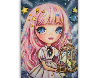 ACEO ATC Artists Trading Card, Fantasy Art (2.5x3.5") Print "An Unusual Pet", Fantasy Bigeye Lowbrow Pop-surrealism Stars Girl Nursery