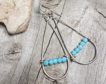 TurquoiseEarrings Silver Earrings Silver Hoops Dangle Earrings Blue Earrings Turquoise Earrings Bohemian Hoop Earrings Boho Everyday Jewelry