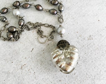 Vintage Silver Mercury Heart Handmade Gray Pearl Sterling Silver Chain with Handmade Clasp Unique Pearl Jewelry Gift for Mom