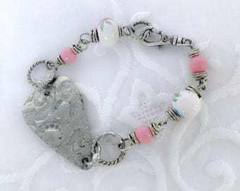 Handmade Boho Pink Bracelet, Mixed Media Jewelry Bracelet, Gift For Her, One of A Kind, Everyday Bracelet, You Are Loved, Unique Bracelet