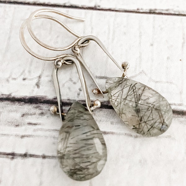 Sterling Silver Black Rutile Quartz Earrings For Her Valentines Jewelry for Girlfriend Boho Jewelry Everyday Earrings Silver Earrings