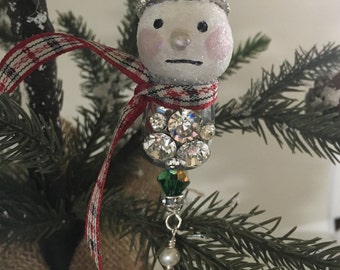 Snowman Ornament, Snowman Salt Shaker Ornament, Christmas Gift, Gift for Her, Handmade Snowman Ornament, Rhinestone Glitter Snowmen