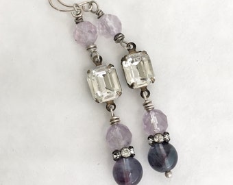 Art Deco Dangle Earrings,  Repurposed Vintage Dangle Earrings, Amethyst Jewelry, One of a Kind, Statement Earrings
