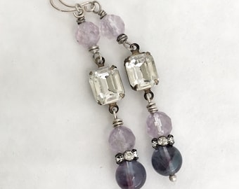 Art Deco Amethyst Dangle Earrings, Repurposed Vintage Crystal, Sterling Silver