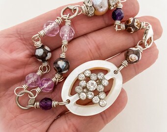 Unique Handmade Bracelet for Women, Vintage Repurposed, Mother of Pearl Buckle Bracelet, Amethyst Beaded Bracelet Gift, Rhinestone Bracelet