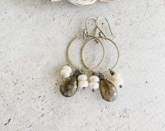 Boho Silver Hoop Earrings Pearl & Labradorite Gemstone Earrings, Handmade Pretty Everyday Pearls Unique Gift For Her