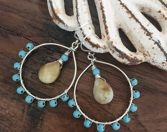 Turquoise Earrings, Opal Earrings, Silver Hoop Earrings, Everyday Earrings, Gemstone Earrings, Boho Style, Hoop Earrings, Gift For Her