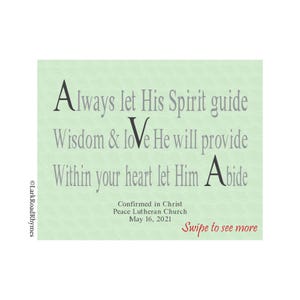 May include: A light green square with the text "Always let His Spirit guide, Wisdom & love He will provide, Within your heart let Him Abide." Additional text includes "Confirmed in Christ, Peace Lutheran Church, May 16, 2021" and "Swipe to see more."
