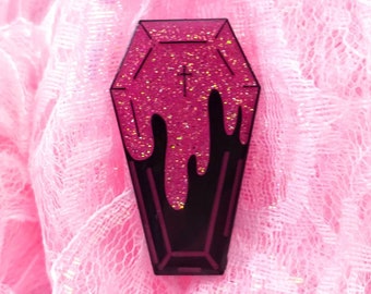 1.5" Halloween Enamel Pin, Pastel Goth Pin, Slimy Coffin,  Melting, Oozing, Creepy Kawaii, Pink Glitter, Cute Enamel Pin, Pink and Black