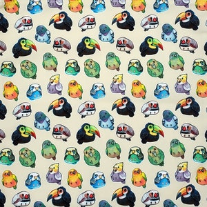 May include: A beige tote bag with a colorful pattern of various birds, including toucans, parakeets, and cockatiels. The birds are depicted in a cartoon style and are arranged in a repeating pattern.