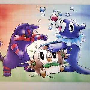 May include: A colorful illustration featuring three cartoon characters. A purple cat-like creature with red accents and striped arms interacts with a blue seal-like character and a brown owl-like character. The background has a gradient of red, green, and blue.