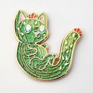 Cryptid Enamel Pin, Cactus Cat, 1.75&quot;, Cute Monster Glitter Pin