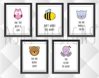 SET OF 5 Animal Pun Prints - House Decoration - Cute Kids Baby Children's Birthday, Christening, Baptism, Newborn Present Gift Ideas - APS05