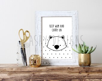 WOMBAT - KEEP WOM And Carry On - Fun Pun Monochrome Design - Kids Adult Wall Art - Winter Gift Idea Home Decor Black White - Aussie Animals