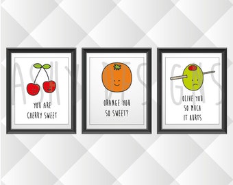 SET OF 3 - 8x10 Prints - Cute Fun Fruit Vegetable Puns - Wall Art Gift Idea for Wedding Anniversary Birthday Engagement - Home Decor - FVS03