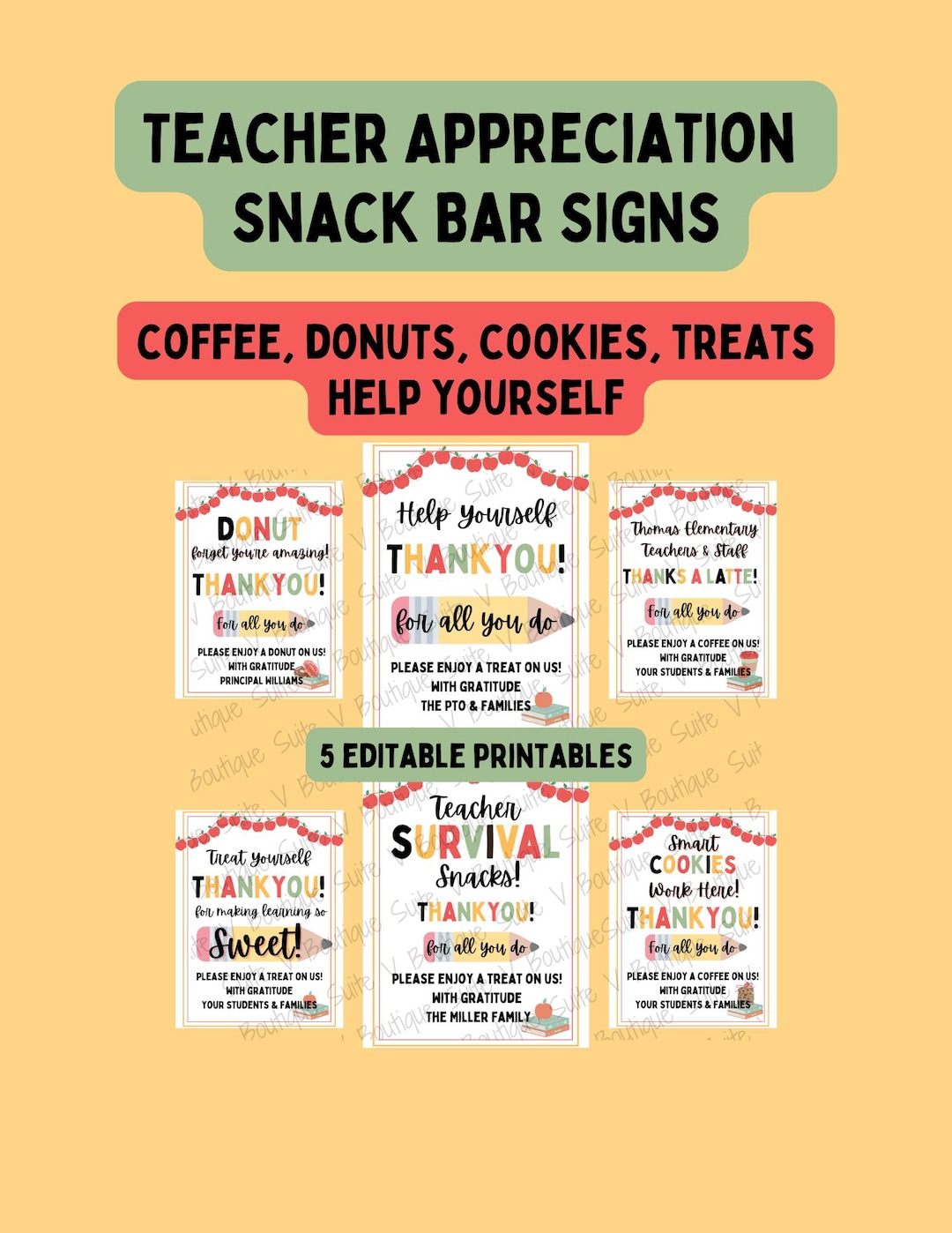 Teacher Appreciation Snack Bar Signs Bundle | Coffee, Donuts, Cookies ...