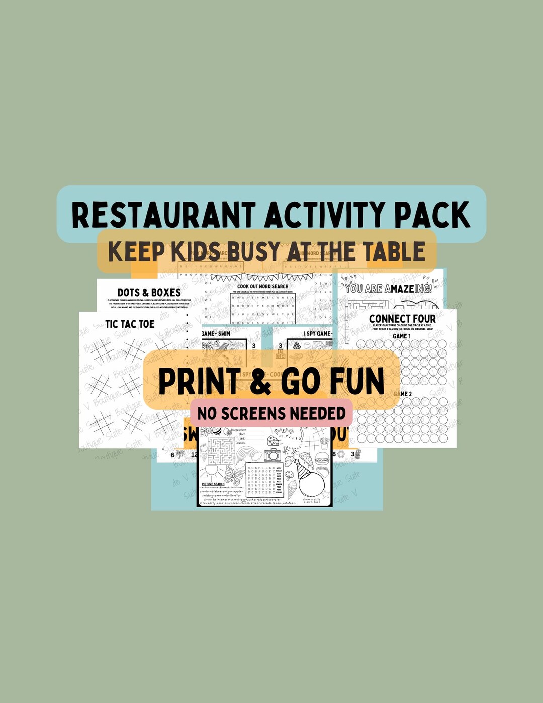 Restaurant Activity Pages Restaurant Kids Activity Placemat | Games, Puzzles, Coloring (digital ...