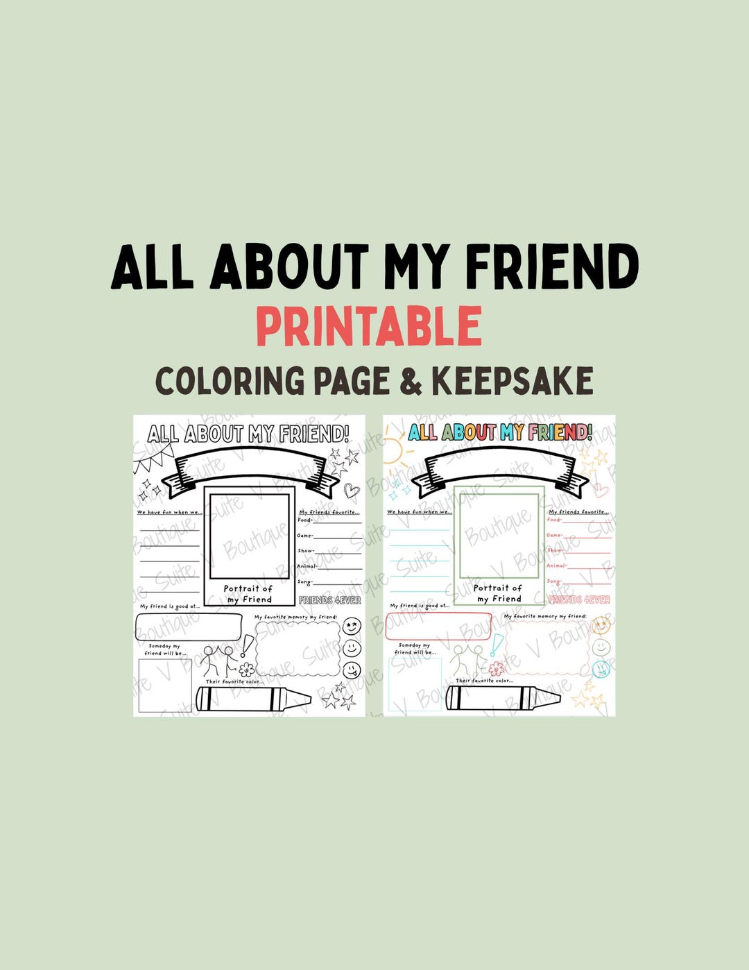 All About My Friend Printable Coloring Page & Keepsake (instant ...