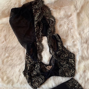 Black Gold Hooded Mesh Lace Festival Croptop with Bee Charm