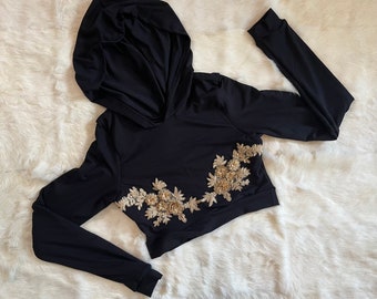 Bamboo Hoodie with Floral Appliqué, Cropped Hoodie