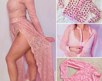 LIQUIDACIÓN Chaqueta bomber de malla, chaqueta con estampado de fresas, falda de encaje, body de encaje