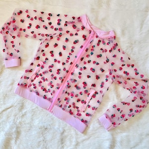 Mesh Strawberry Bomber Jacket, Strawberry Print Jacket