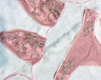 Top de bikini y tanga fruncidos con mariposas, top de bikini de malla, tanga de malla