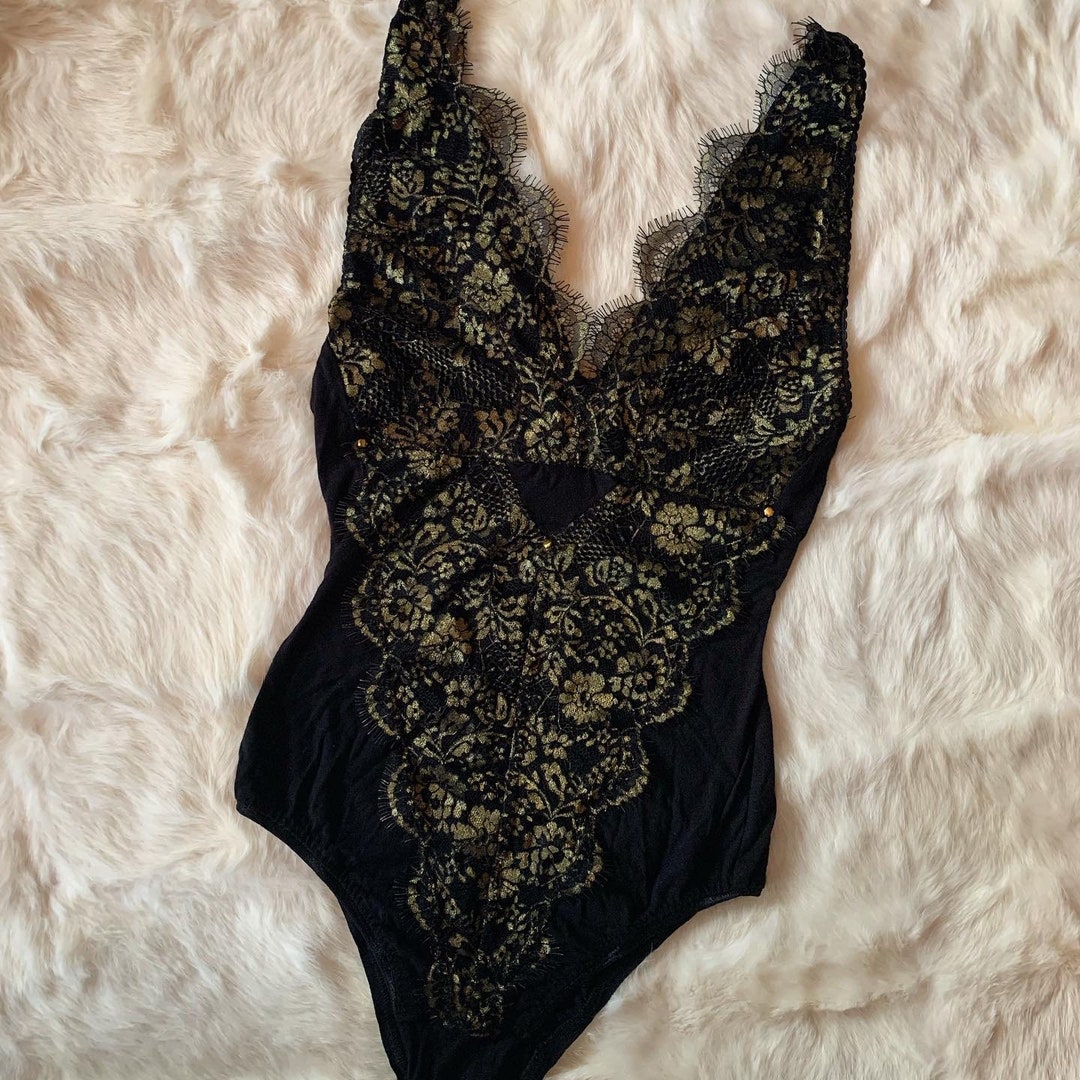 Lace Gold Trim Inset Off shoulder bodysuit-Black