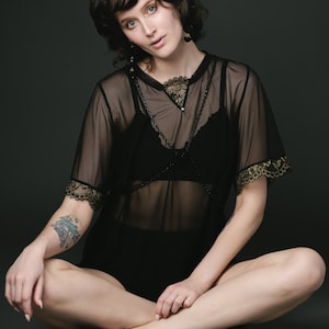 Oversized Mesh Tee with Lace Detail, See Through Shirt