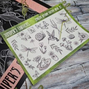 Puede incluir: Una hoja de tatuajes temporales con ilustraciones botánicas. Los diseños incluyen flores, insectos y plantas, como libélulas, mariposas y un colibrí. La hoja está etiquetada como "Juniper's Carousel" y "English Botany Tattoo Decal Set".