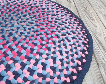 Pink and Blue 27 Inch Denim and Corduroy Round Braided Rug