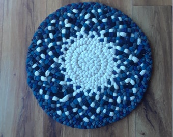 Round Blue and White Multi-Strand  Braided Mat/Chair pad