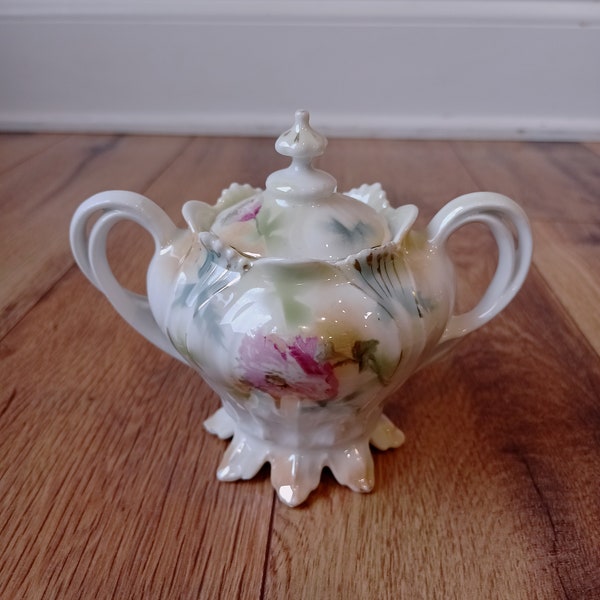 Antique RS Prussia Footed Pink Floral Painted Sugar Bowl