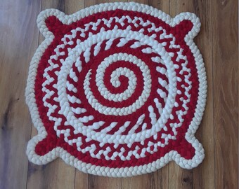 Red and White Round Braided Wool Rug